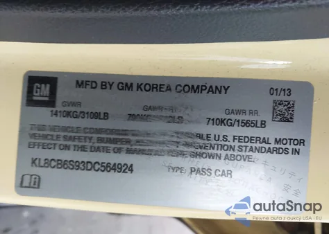 2013 Chevrolet Spark Ls Auto z USA, uszkodzony, nr VIN KL8CB6S93DC564924